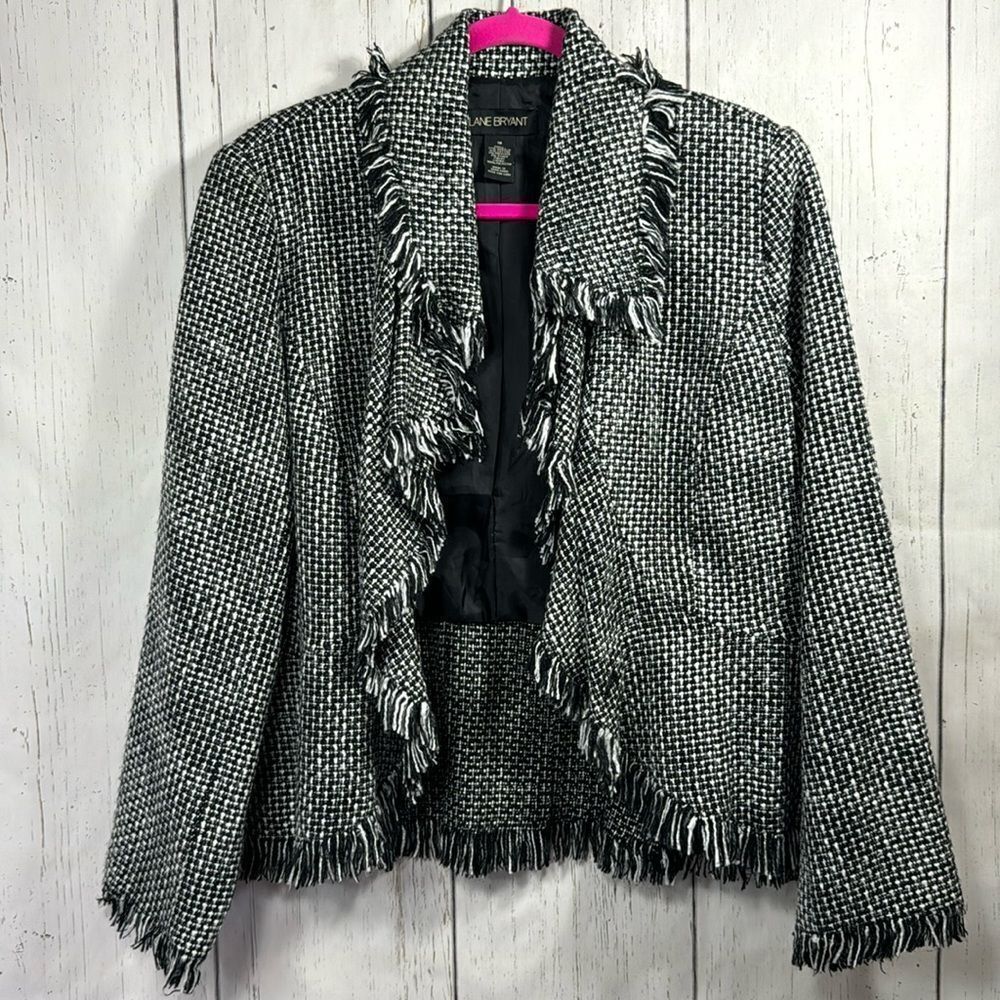 Lane Bryant Tweed Blazer Jacket Fringe Trim Ruffle Womens Business Casual Career
